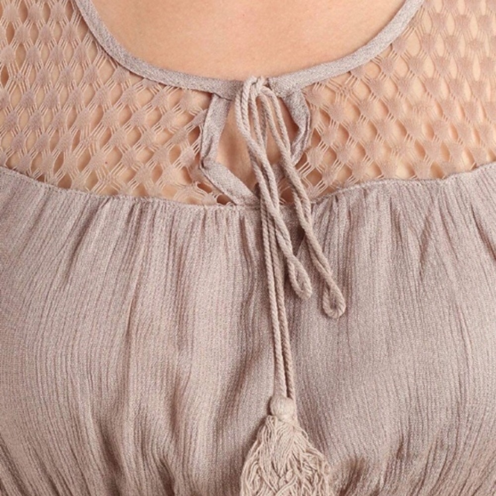 Boho Open Net Weave Keyhole Tassel Tie Front Dress - Picture 3 of 5